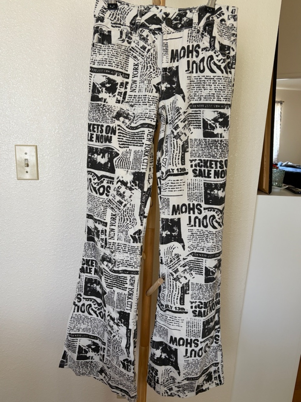 Low Rise Newspaper Print Flare Jeans
